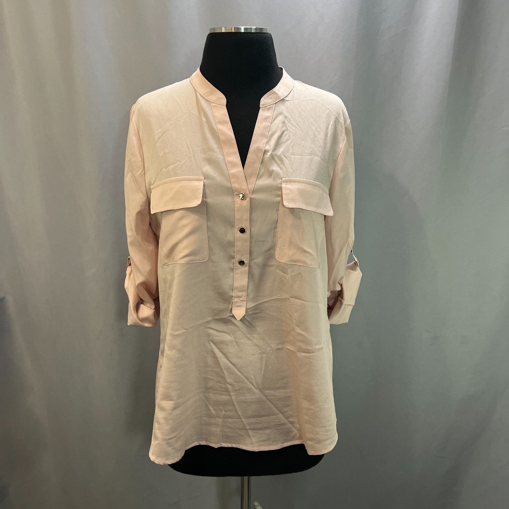 Adrienne Vittadini Studio Tunic Blouse Womens Medium Pale Pink Roll Tab Sleeve